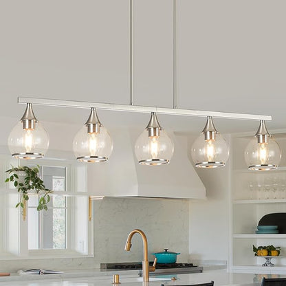 Island Light for Kitchen, 5-Light Brushed Nickel Kitchen Island Linear Hanging Pendant Chandeliers, Brushed Nickel Dining Room Light Fixture Over Table with Clear Round Glass Shades