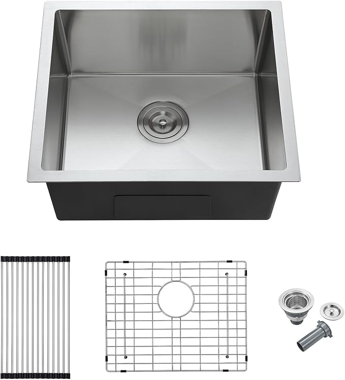 MENATT 20x16 Inch Undermount Kitchen Sink, 18 Gauge 304 Stainless Steel Single Bowl with R10 Corner, Roll-up Drying Rack & Bottom Grid Mat, 9" Deep Compact Sink for Small Kitchen, Bar, Prep Station