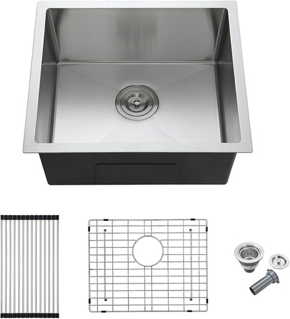 MENATT 20x16 Inch Undermount Kitchen Sink, 18 Gauge 304 Stainless Steel Single Bowl with R10 Corner, Roll-up Drying Rack & Bottom Grid Mat, 9" Deep Compact Sink for Small Kitchen, Bar, Prep Station