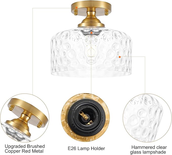 Daunton Small Semi Flush Mount Ceiling Light Fixture, Vintage Gold Close to Ceiling Lighting with Hammered Glass Shade for Hallway, Kitchen, Entryway (Retro Design, Easy Install)