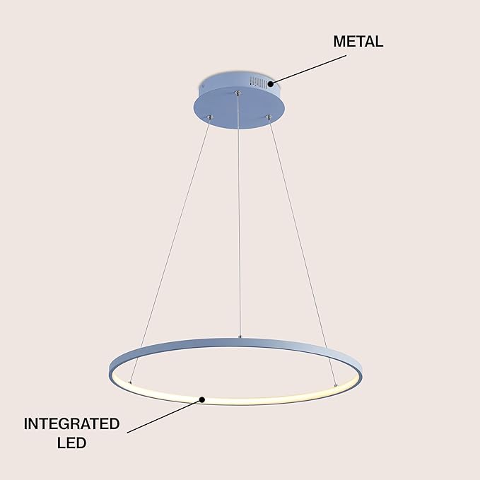 JONATHAN Y 23.75" Blue Modern Integrated LED Pendant Light, Dimmable Round Hoop Chandelier for Kitchen Island, Dining Room, Adjustable Height Metal Hanging Light (JYL7203D)