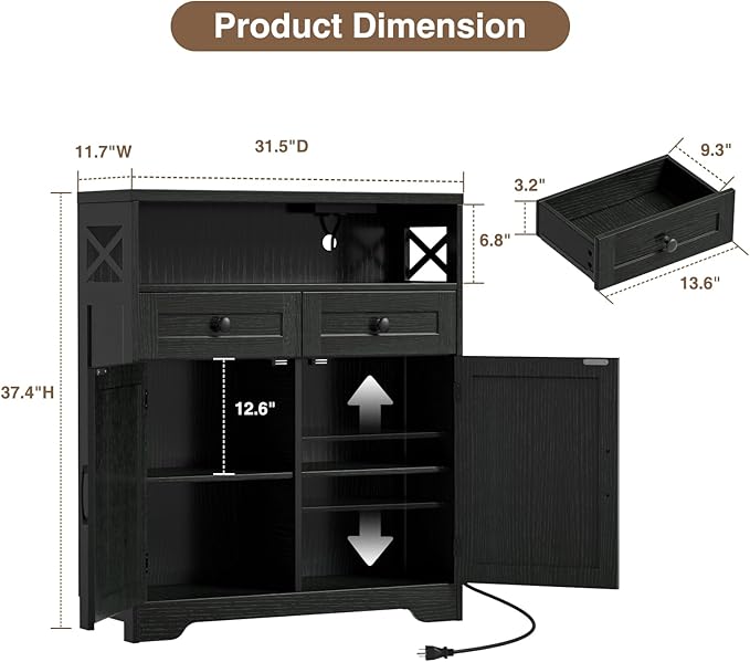 FiveWillowise 31.5" Black Storage Cabinet with Drawers and Shelf, Farmhouse Sideboard Buffet with Storage, Kitchen Pantry Hutch, Coffee Bar Cabinet Station Table for Kitchen, Living, Dining Room