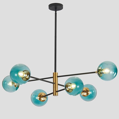 BOKT Modern 6-Lights Blue Glass Ball Sputnik Chandelier Mid-Century Black Gold Flush Mount Chandelier Vintage Large Globe Sputnik Chandelier Kitchen Island Pendant Light