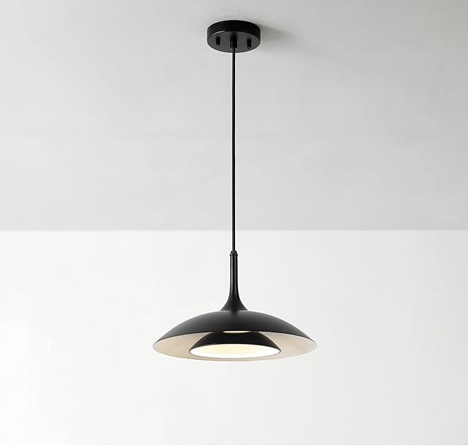 GLOBE Electric x Novogratz 67000104 14W LED Integrated Pendant Light Fixture, Glossy Black, Fabric Cord, Matte White Interior Shade, Dimmable, 800 Lumens, 3000K, 90 CRI, Living Room Pendant Light