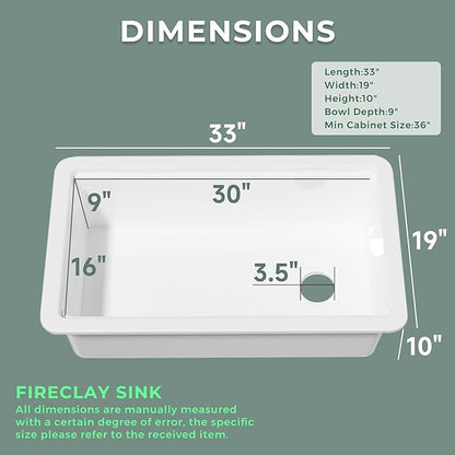 Offset Drain Fireclay Undermount Workstation Kitchen Sink 33 Inch, Large Topmount White Undermount Sink 33''x19''x10'' Drop In, Deep Single Bowl Heavy Duty, Dual Mount, for Kitchen, Island