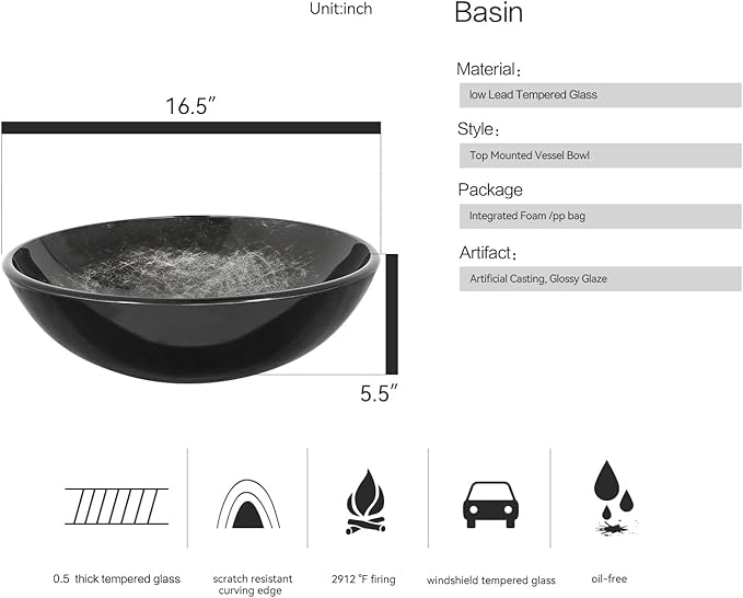 Bathroom Artistic Vessel Sink, Tempered Glass Vanity Round Bowl with Oil Rubber Bronze Faucet and Pop up drain Set, Black