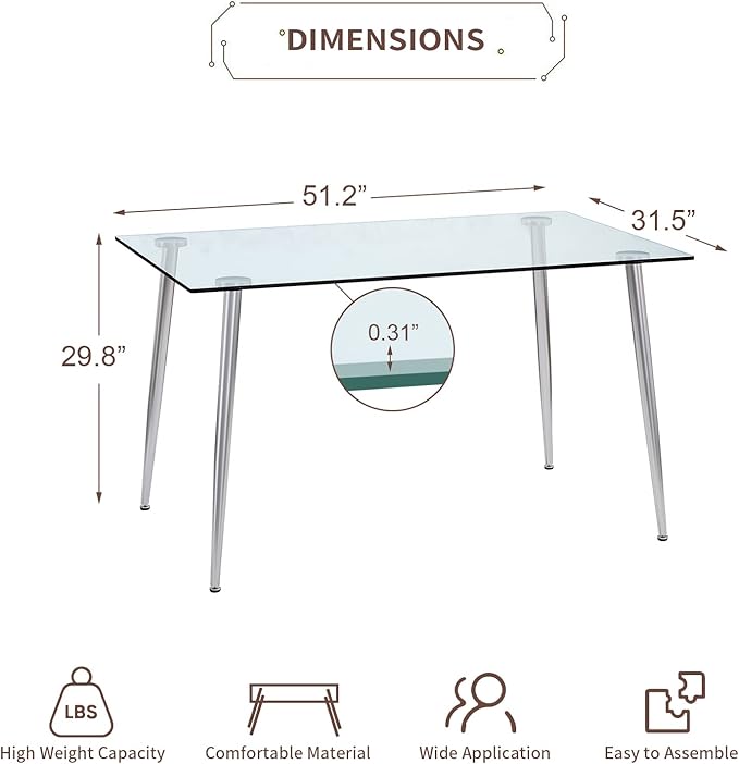 Glass Dining Table for 4 with 51 inch Clear Rectangular Glass Top, 0.31" Modern Tempered Glass Kitchen Table Furniture with 4 Silver Plating Metal Legs for Home Dining Room