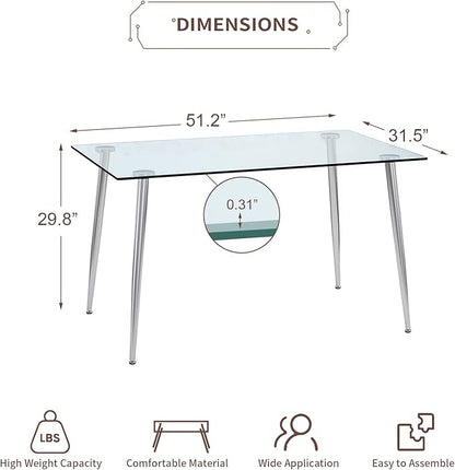 Glass Dining Table for 4 with 51 inch Clear Rectangular Glass Top, 0.31" Modern Tempered Glass Kitchen Table Furniture with 4 Silver Plating Metal Legs for Home Dining Room