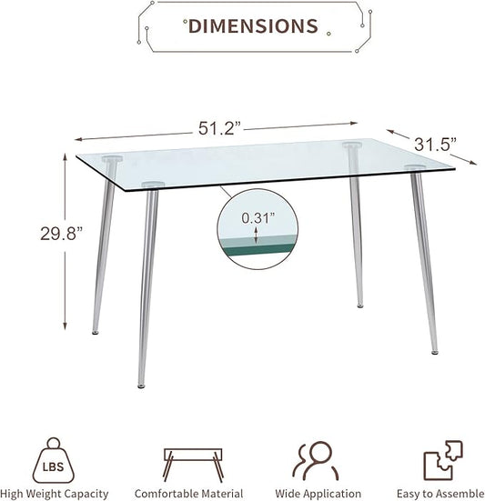 Glass Dining Table for 4 with 51 inch Clear Rectangular Glass Top, 0.31" Modern Tempered Glass Kitchen Table Furniture with 4 Silver Plating Metal Legs for Home Dining Room