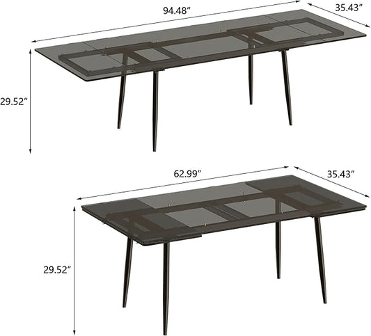 62.99-94.48" Extendable Black Tempered Glass Dining Table, Modern Rectangular Kitchen Table, Sturdy Metal Legs, Seats 6-10, Easy to Clean, Fits Small & Large Spaces