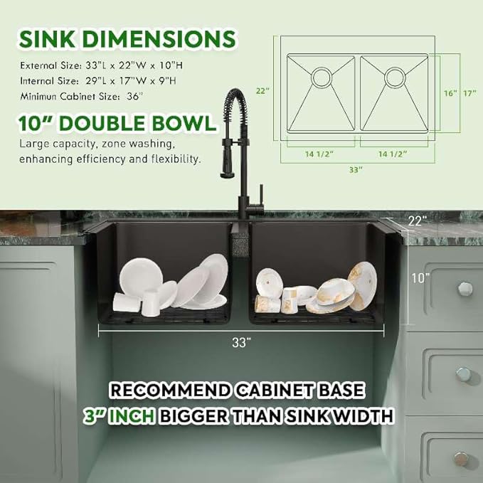 33 Inch Black Sink Drop-In Topmount Double Bowl, 16 Gauge 50/50 Double Bowl Stainless Steel Workstation Sink, 33" x 22" x 10" Large and Deep Kitchen Sink With Accessories