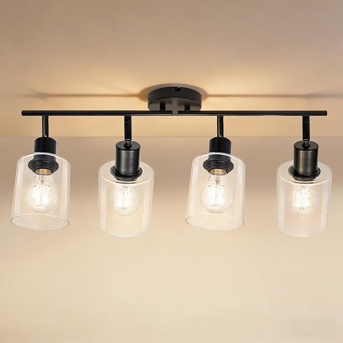 HiBay 4-Light Black Track Lighting Fixture, Ceiling Wall Mount Rotatable Spotlight with Glass Shades, Modern Farmhouse Industrial Track Lights for Kitchen, Dining Room, Bathroom, E26 Base