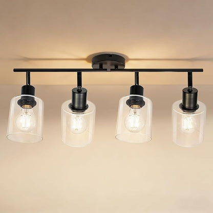 HiBay 4-Light Black Track Lighting Fixture, Ceiling Wall Mount Rotatable Spotlight with Glass Shades, Modern Farmhouse Industrial Track Lights for Kitchen, Dining Room, Bathroom, E26 Base