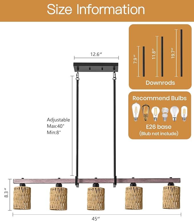 5-Light harmhouse Kitchen Island Light Fixture, Linear Chandelier for Dining Room, 5-Light Rustic Pendant Light Over Table, Handmade Woven Farmhouse Wicker Chandelier
