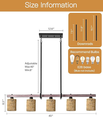 5-Light harmhouse Kitchen Island Light Fixture, Linear Chandelier for Dining Room, 5-Light Rustic Pendant Light Over Table, Handmade Woven Farmhouse Wicker Chandelier