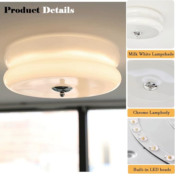 Bofea-Modern Glass Flush Mount Ceiling Light Milk Glass Schoolhouse Lights Fixtures LED Flush Mount Light for Bathroom Chrome Hallway Lamp Round Ceiling Lights for Bedroom Kitchen