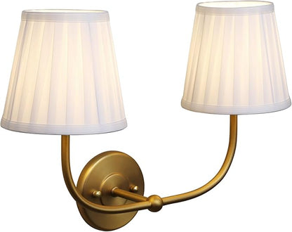 PERMO Vintage Wall Sconce Double Gold wall sconces with Pleated White Stripe Fabric Shades Retro 2 Lights Wall Sconce Hardwired for Living Room Bedroom Hallway