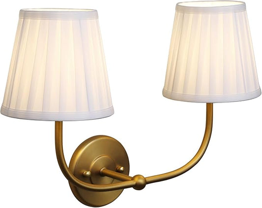 PERMO Vintage Wall Sconce Double Gold wall sconces with Pleated White Stripe Fabric Shades Retro 2 Lights Wall Sconce Hardwired for Living Room Bedroom Hallway
