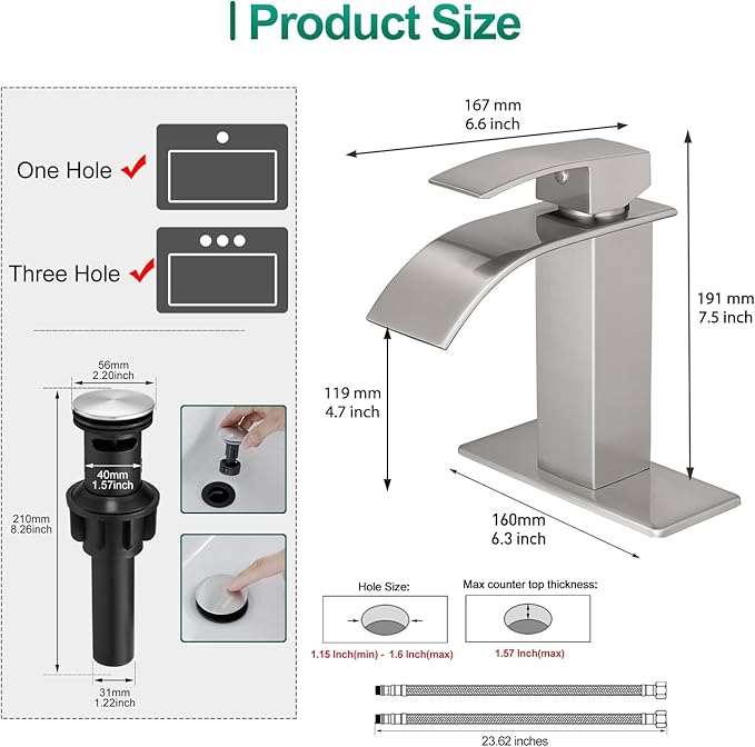 VOTON Waterfall Bathroom Faucets Brushed Nickel Modern Single Handle Sink Faucet for 1 or 3 Holes with Deck Plate and Pop-Up Drain, Rv Sink Camper Farmhouse Faucet