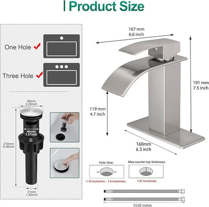 VOTON Waterfall Bathroom Faucets Brushed Nickel Modern Single Handle Sink Faucet for 1 or 3 Holes with Deck Plate and Pop-Up Drain, Rv Sink Camper Farmhouse Faucet