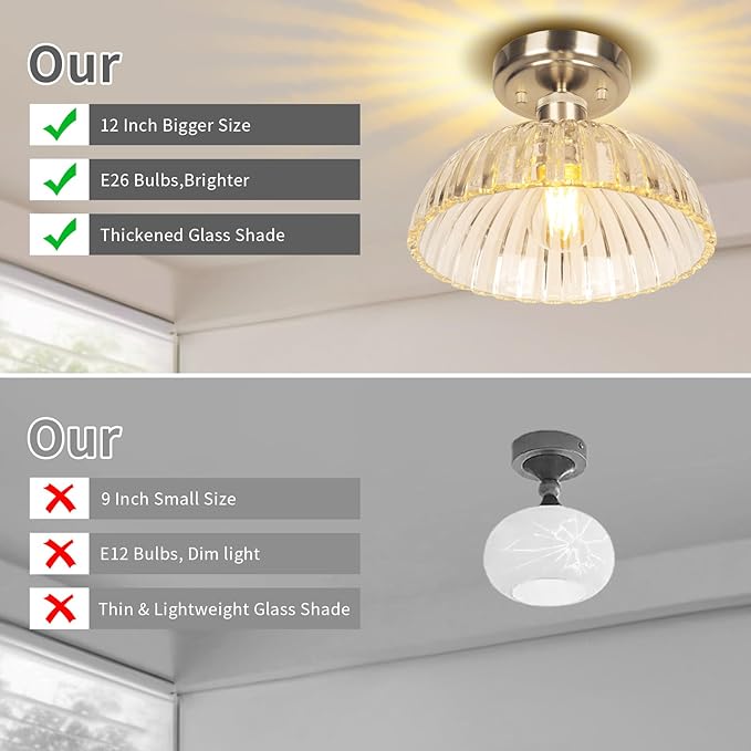 JYZ Semi Flush Mount Ceiling Light, Brushed Nickel Ceiling Light Fixture with Ribbed Glass Shade, Vintage Light fixtures for Hallway, Entryway, Bathroom, Kitchen, Bedroom