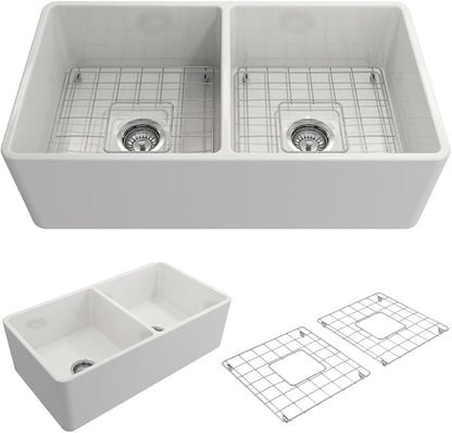 BOCCHI Classico Farmhouse Apron Front Fireclay 33 in. Double Bowl Kitchen Sink with Protective Bottom Grid and Strainer in White