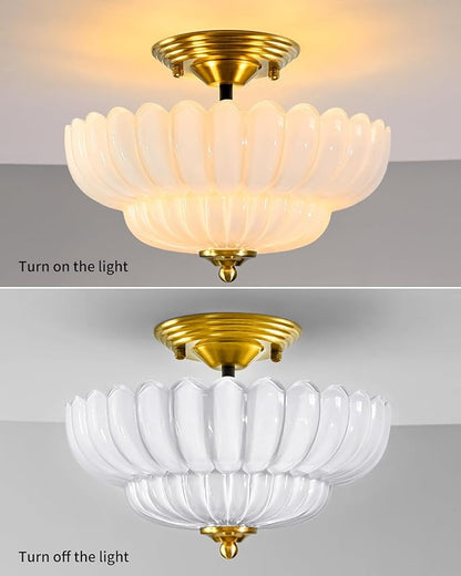 3-Light Corridor Fixture Semi-Recessed Ceiling Light White Glass Modern Lighting Suitable for Bedroom, Kitchen, Entryway, Bathroom Ceiling Installation