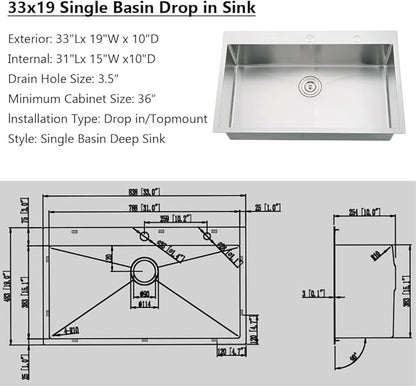 33 Inch Drop in Kitchen Sink, 33x19 Kitchen Sink Drop In Stainless Steel Top Mount Sinks 16 Gauge Single Bowl Deep Basin with Drain Strainer