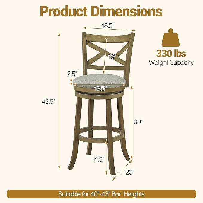 Giantex Wood Swivel Bar Stools Set of 2, 30" Upholstered Bar Height Bar Stools with X Back, Linen Cushioned Seat, Farmhouse Armless Wooden Barstools for Kitchen Island Dining Room, Grey