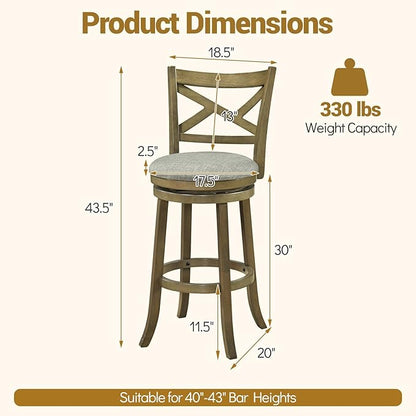 Giantex Wood Swivel Bar Stools Set of 2, 30" Upholstered Bar Height Bar Stools with X Back, Linen Cushioned Seat, Farmhouse Armless Wooden Barstools for Kitchen Island Dining Room, Grey