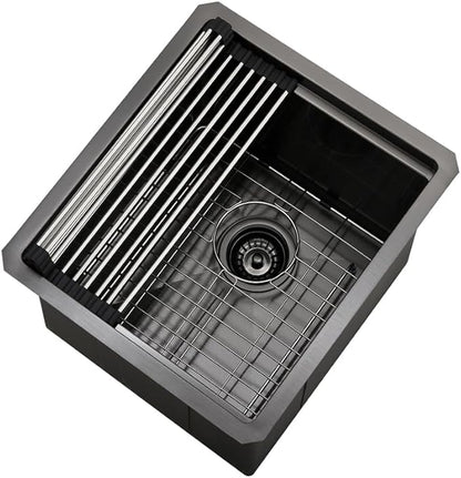 Black Undermount Bar Sink, 12 x 15 Inch Black Stainless Steel Undermount Small Basin Wet Bar Single Bowl RV Kitchen Sink with Cutting Board