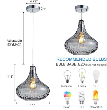 Hammered Glass Pendant Light - 11" Vintage Industrial Farmhouse Fixture for Kitchen Island, Dining Room & Entryway, Smoke Gray Ceiling Hanging Light with Chrome Finish,Easy Install Modern Chandelier