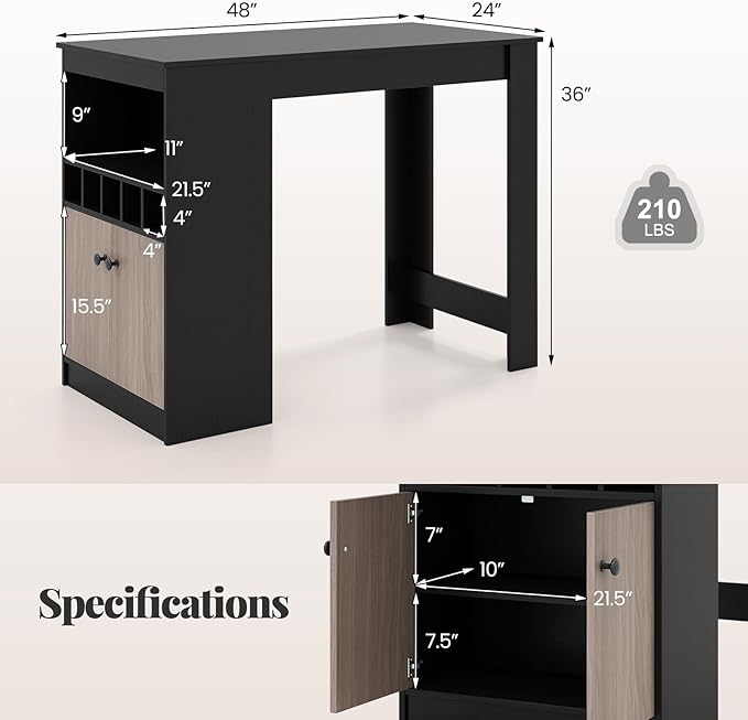 48’’ Dining Table, Modern Kitchen Table with Storage Shelves, Cabinet & Wine Rack, Counter Height Bar Table for Kitchen, Dining Living Room, Bar, Restaurant, Pub, Coffee Shop