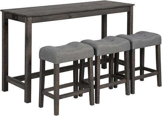 HMFULE 59'' Dining Bar Table and Chairs Set with Power Outlet, 4-Piece Industrial Breakfast Table Set with 3 Padded Stools, Wood Console Table Set for Kitchen Living Room Dining Room, Dark Gray