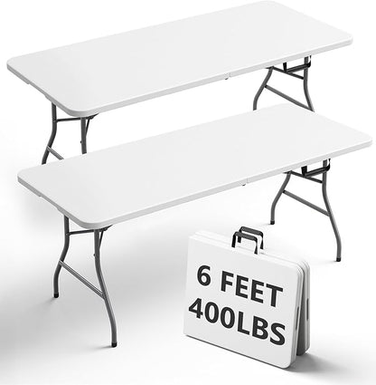 6FT Folding Table 2 Pack, Heavy Duty Plastic Table with Handel, 400 lbs Portable Table, Reinforced Steel Legs, Fold-in-Half Table Ideal for Parties, Picnics, Weddings, Camping White