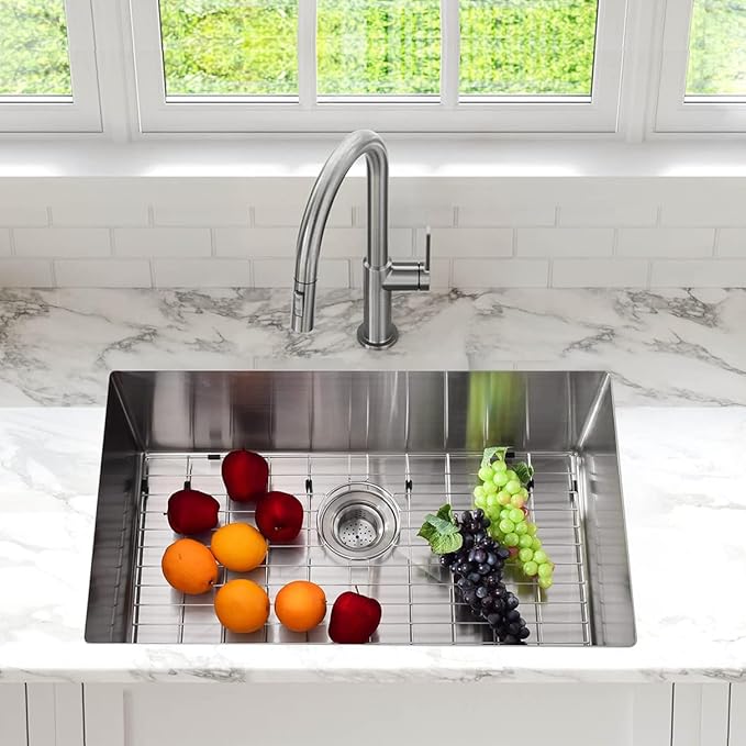 GarveeTech Kitchen Sinks,30×18×10 inch Single Bowl Undermount Kitchen Sink – Brushed 304 Stainless Steel, 10 inch Deep Basin, 2.0mm Rim & 1.0mm Bowl, Bottom Grid & Drain Assembly