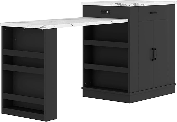 Kitchen Islands with Extendable Dining Table, Extendable Island Console with Drawers, Double-Door Cabinet and Open Shelving, Saving Space Island Table for Dining Room, Black