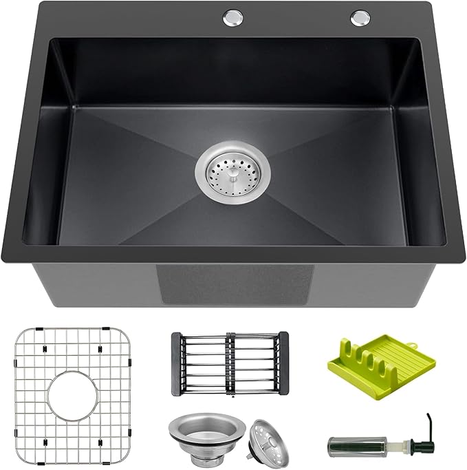 Black 25x18 Inch Kitchen And Bar Sink-Stainless Steel Drop In Single Bowl Topmount Kitchen&Bar Sink With SS Grid,Soap Dispenser,Colander,Spoon Rest,Drain Strainer Set for Modern Kitchen Sink