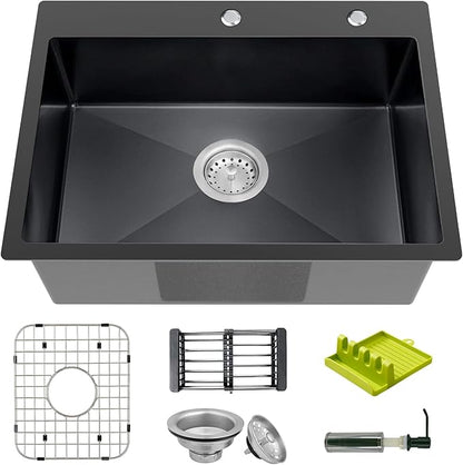 Black 25x18 Inch Kitchen And Bar Sink-Stainless Steel Drop In Single Bowl Topmount Kitchen&Bar Sink With SS Grid,Soap Dispenser,Colander,Spoon Rest,Drain Strainer Set for Modern Kitchen Sink