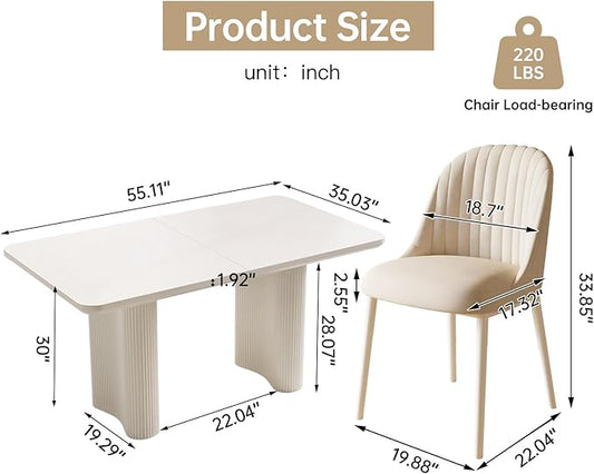 Miuuod 55 Inch Dining Table Set for 4, Cream White Rectangular Kitchen Table with Double Pedestal Base and 4 Upholstered Chairs, Thick Tabletop Modern Dining Room Furniture for Small Spaces