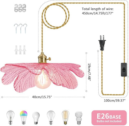 Pink Glass Flower Petal Hanging Light Plug in Pendant Light for Ceiling, 15.7" Gold Mid Century Boho Ceiling Pendant Lighting for Bedroom Living Dining Room, Beautiful Light Fixtures