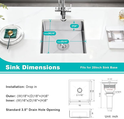 18 x 18 inch Undermount Kitchen Sink, Brushed Stainless Steel Single Bowl Small Sink, 6 inch Deep Wet Bar Sink for Compact Kitchen & Bar,D18"xW18"xH6"