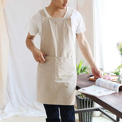 NEWGEM Japanese Cotton Linen Cross Back Cooking Apron for Women Men with Pockets Cute for Baking Kitchen