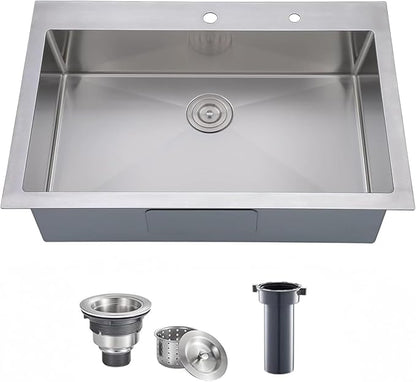 Comllen 33 x 22 inch Drop in Kitchen Sink, 33 inch Topmount Stainless Steel Sink, 18 Gauge T304 Single Bowl Kitchen With Strainer