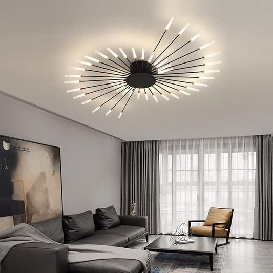 JAYMP 50.4“ Ceiling Light Modern Flower Shape Ceiling Lamp for Living Room Dining Room Flush Mount Metal Acrylic Sputnik Firework Petal LED Lighting Fixture (Matte Black, 42 Lights)