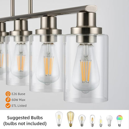 Kitchen Island Lighting, 4-Light Farmhouse Dining Room Light Fixtures Over Table, Linear Chandelier Pendant Lighting for Kitchen Island for Brushed Nickel Finish with Clear Glass Shade
