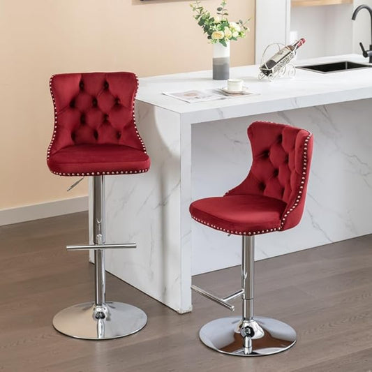 Modern Swivel Bar Stool with Adjustable Height and Tufted Upholstered Backrest for Kitchen Island, Home Bar, or Dining Area (Foam + Burgundy + Velvet)