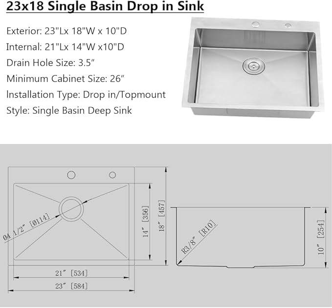 23" x 18" Drop In Sink Kitchen-Jshozzy Stainless Steel Sink For Kitchen 16 Gauge Drop In Sinks Single Bowl Deep Basin with Drain Strainer