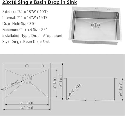 23" x 18" Drop In Sink Kitchen-Jshozzy Stainless Steel Sink For Kitchen 16 Gauge Drop In Sinks Single Bowl Deep Basin with Drain Strainer