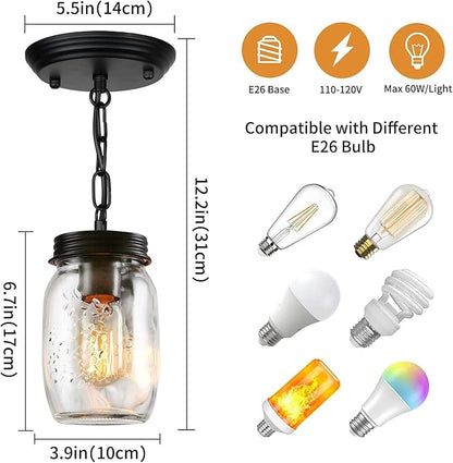 Glass Mason Jar Light Fixtures, 1-Light Kitchen Island Pendant Lighting Farmhouse Light Fixture Close to Ceiling Light for Kitchen Barn Farmhouse Dining Room Hallway Stairway
